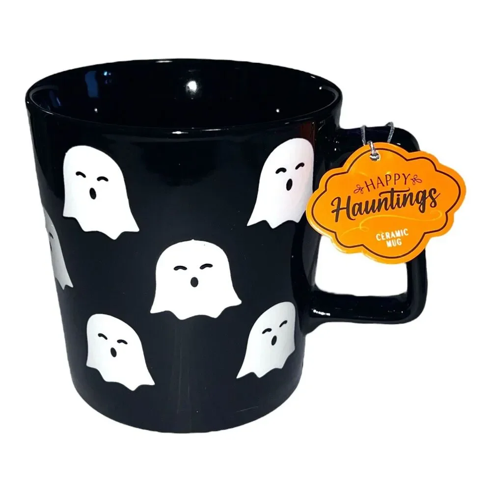 10 Strawberry Street Cute Halloween Ceramic Mug  Multiple Ghosts Black & White